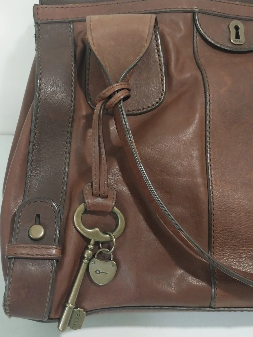 Fossil Brown Leather Unisex Satchel With Key Charm
